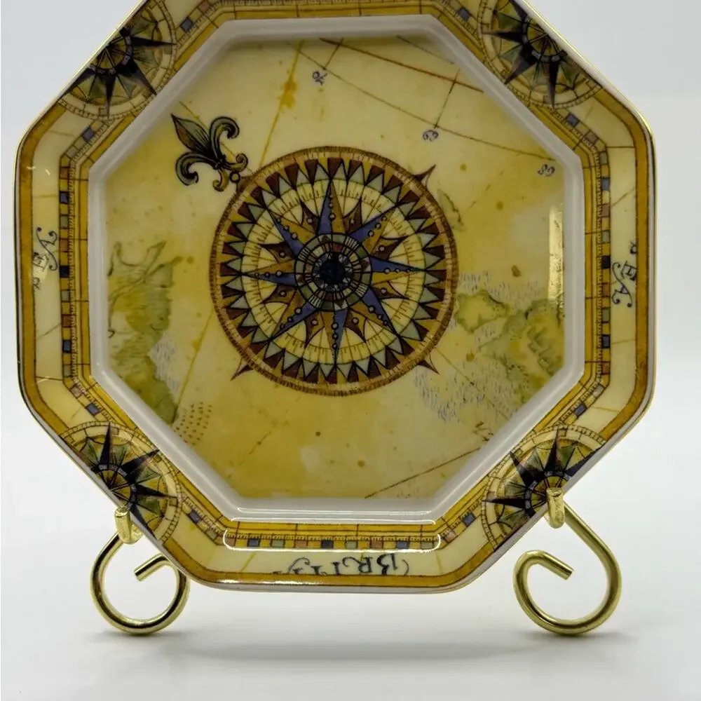Wedgwood “Atlas” Bone China 5”Octagonal Decorative Compass Plate Yellow and Gold